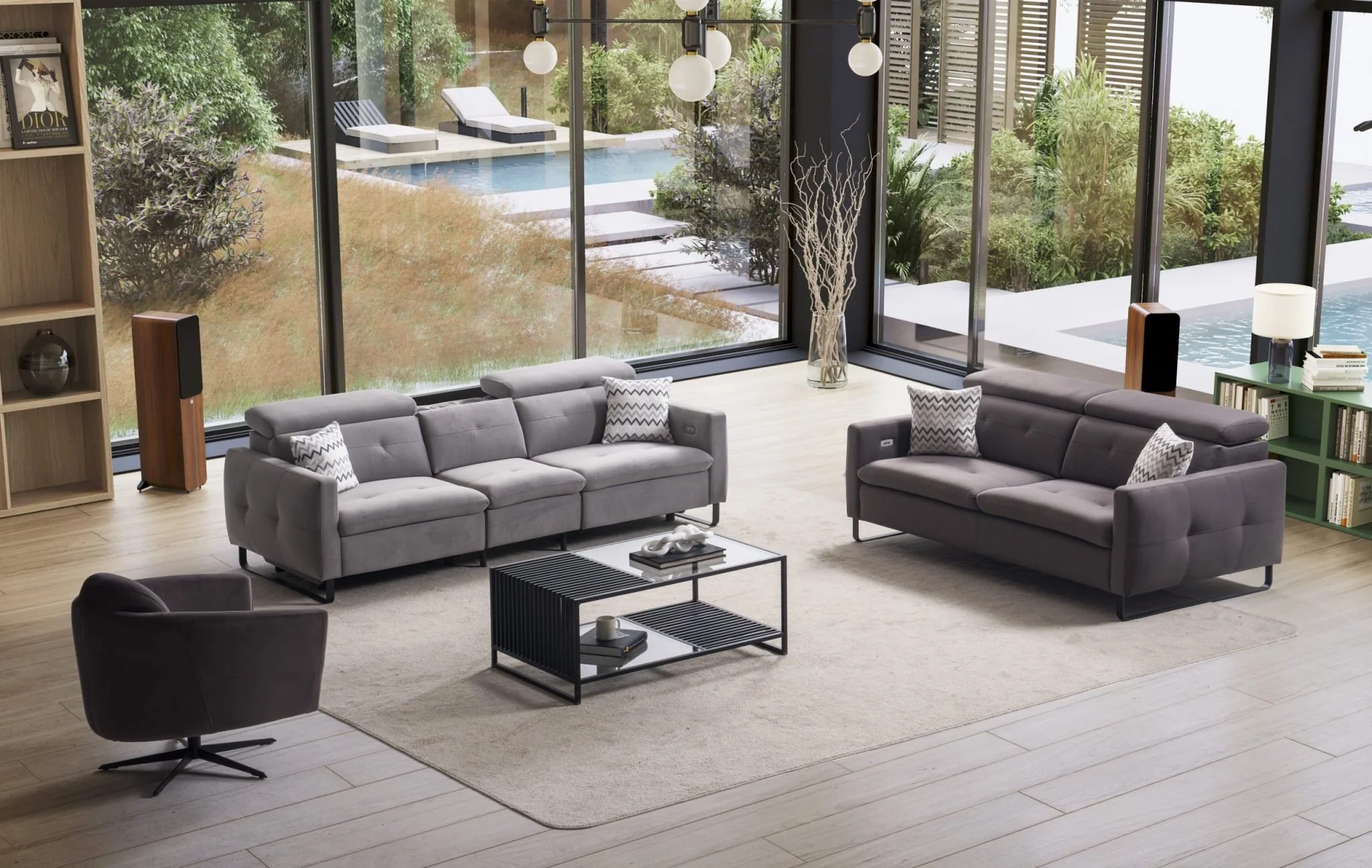 GIZEM modern reclining sofa set in a luxury glass-walled living room