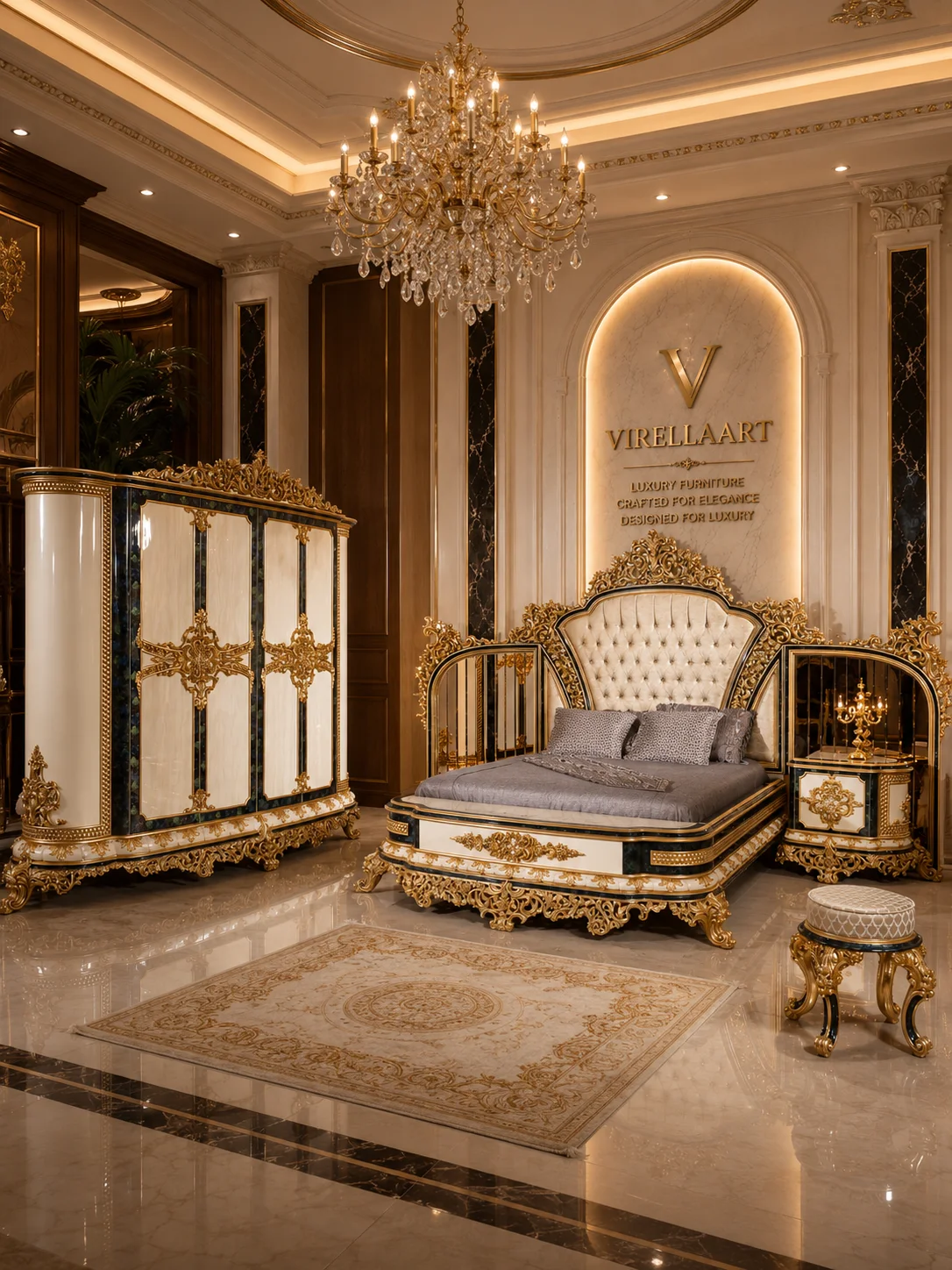 Sultan Green bedroom arrangement with an ivory button-tufted bed, matching nightstand and large wardrobe with dark green marble-look accents