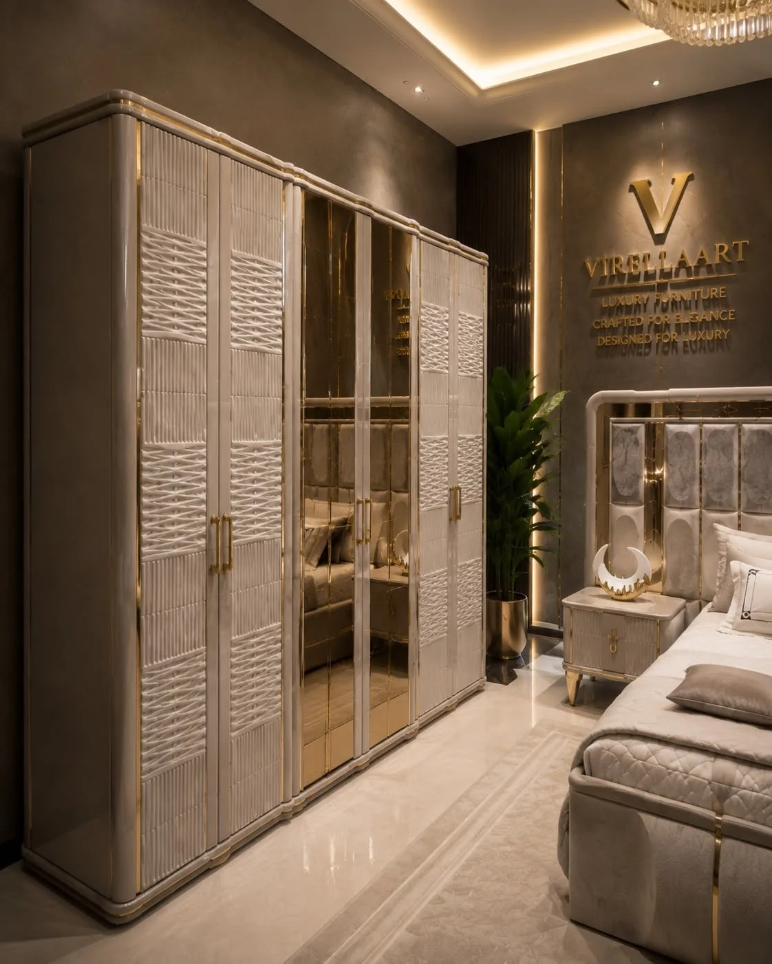 Versace cream wardrobe with textured outer door panels, central full-length mirrors, gold-tone handles and rounded framing