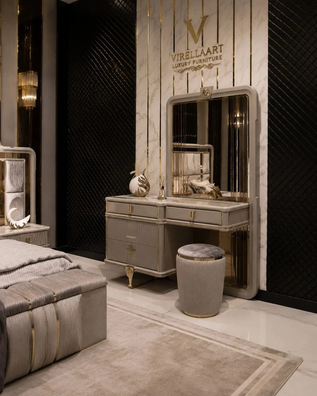 Versace cream dressing table with asymmetrical drawers, large rounded rectangular mirror, gold-tone details and matching round stool