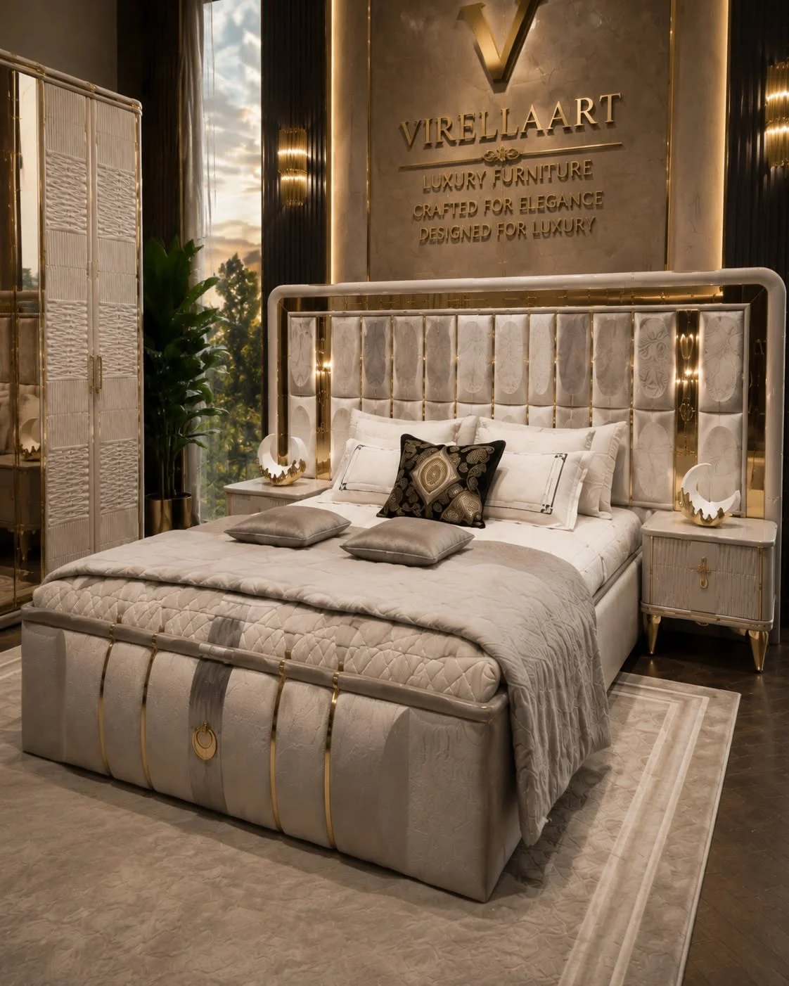 Front view of the Versace upholstered bed with geometric panelled headboard, gold-tone vertical accents, matching nightstands and quilted footboard