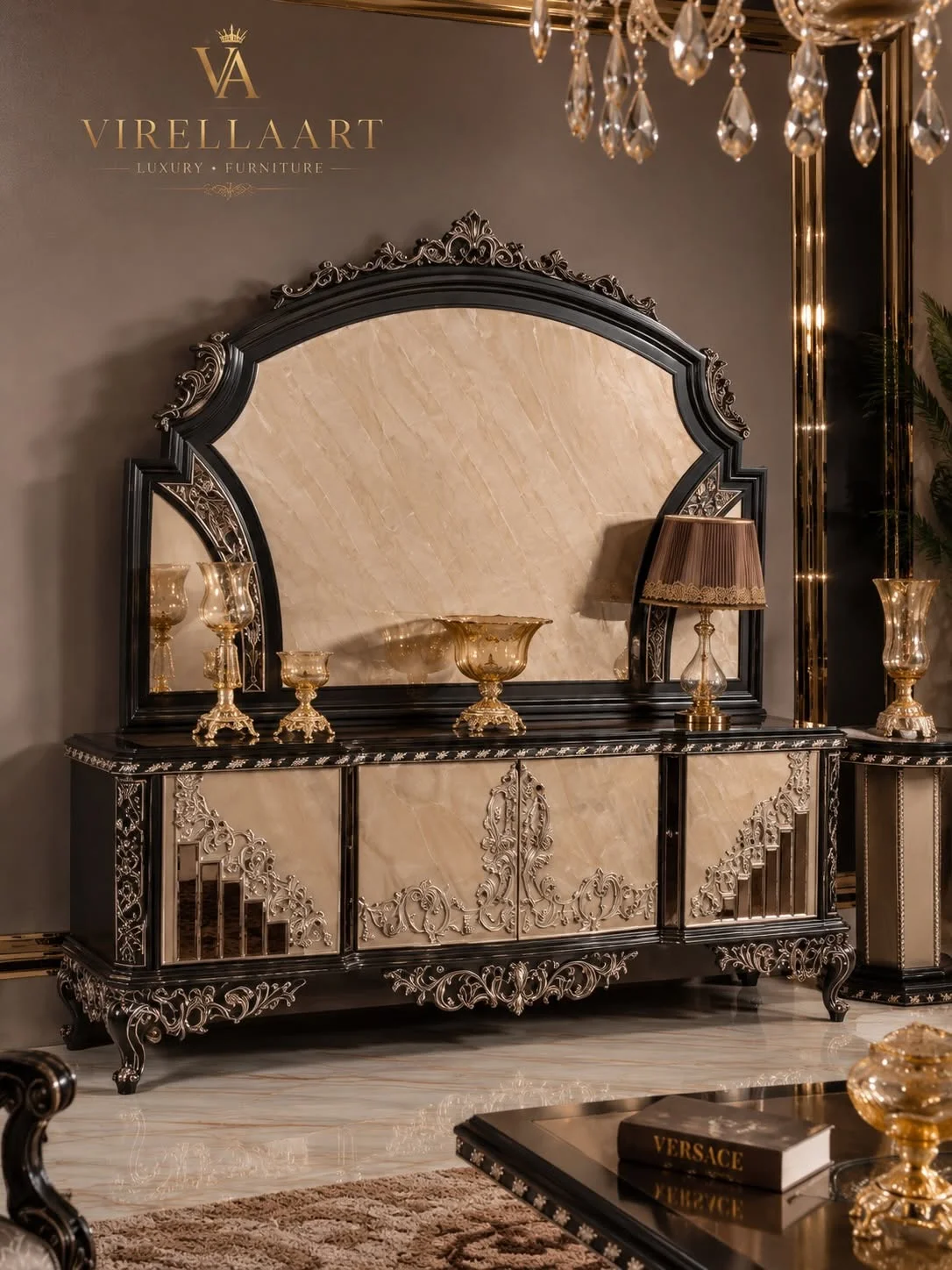Zumrut black and taupe console cabinet with mirrored details, elaborate carved ornament and a large matching framed mirror